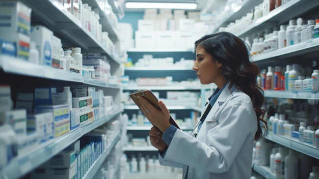 Фармацевт консультируется с цифровым планшетом среди полок с лекарствами