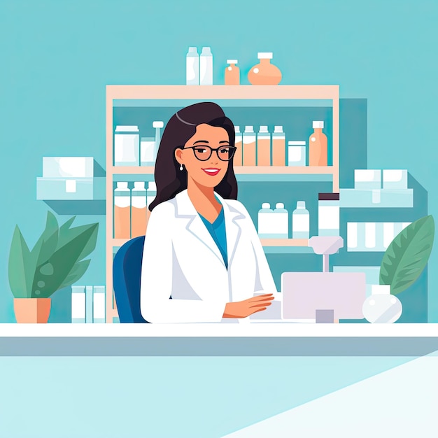 A pharmacist behind the counter at a pharmacy