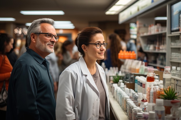 Pharmacist and customer in pharmacy next to shelves with medicines