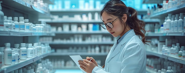 Photo pharmacist dispensing medication in a modern background