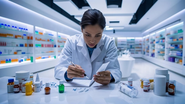 Pharmacist filling prescription in blur pharmacy drugstore