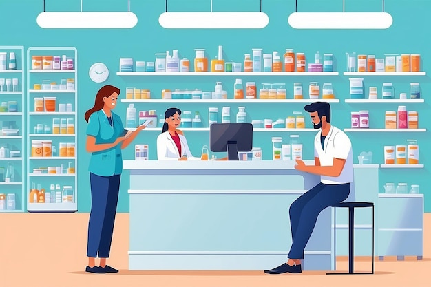 Pharmacist helping customers to choose drugs in pharmacy People at drugstore s counter buying medicines and consulting with druggist