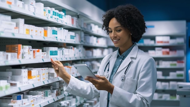 Фармацевт, держащий таблетку на полке с лекарствами в аптеке и проверяющий наличие лекарств