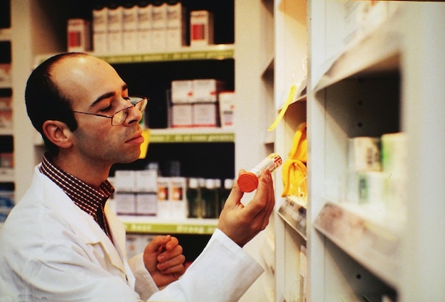 Pharmacist looking at medicine while standing in pharmacy