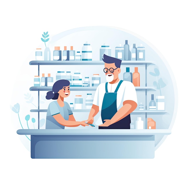 A pharmacist offering assistance to an elderly customer at the counter