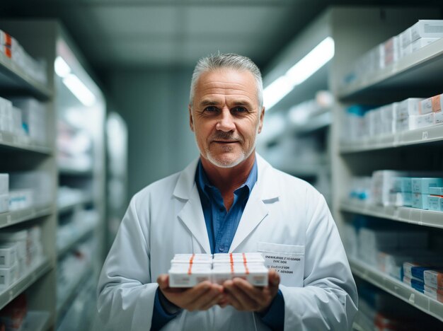 Photo pharmacist/pharmacist standing at the medicine counter. ai generative.