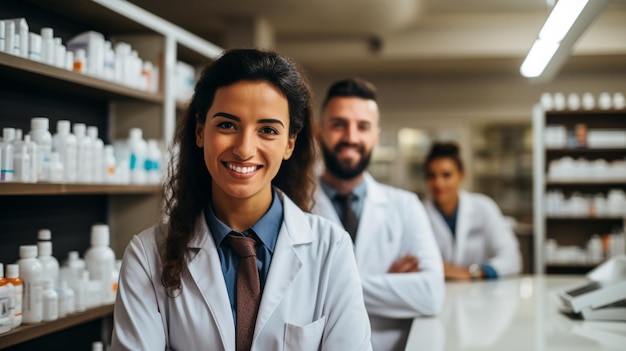 Pharmacist/pharmacist standing at the medicine counter. Ai generative.