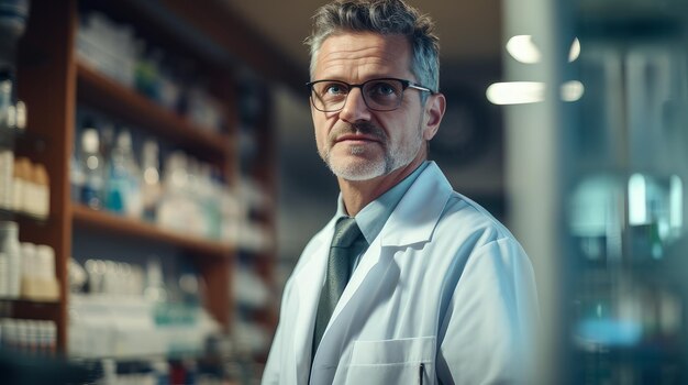 Pharmacist in a pharmacy wearing a mask