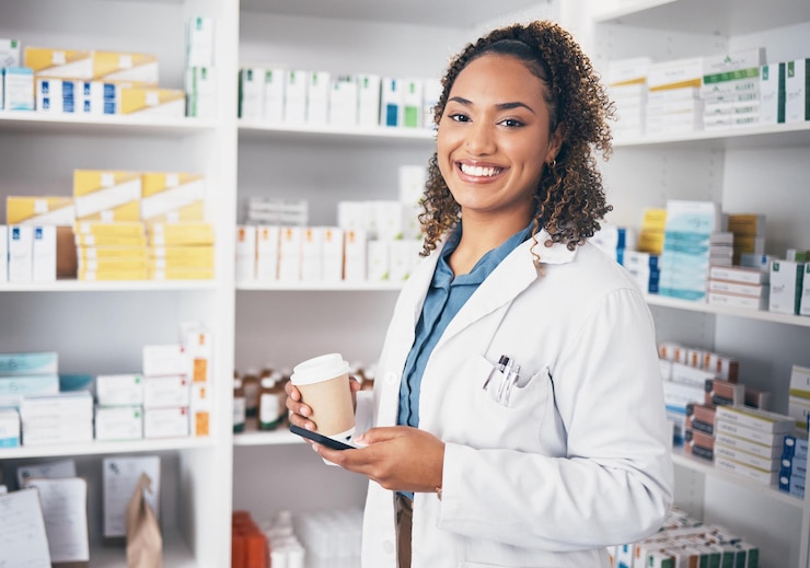 Photo pharmacist phone or portrait of woman with coffee texting in pharmacy to contact email or online chat social media happy or doctor on mobile app typing or searching medical news on tea break