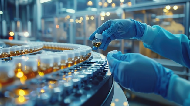 Photo pharmacist scientist with sanitary gloves examining medical vials on a production line conveyor bel