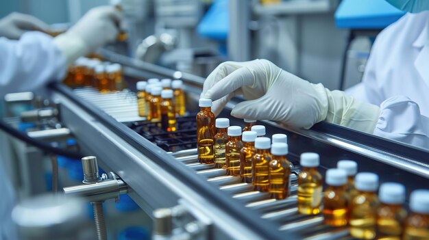 Pharmacist scientist with sanitary gloves examining medical vials on a production line conveyor belt in a pharmaceutical factory ar 169 Job ID 7a15c169e8c840bda785d2bb08a94c90