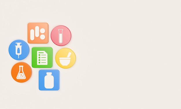 Pharmacist symbols on plastic cubes and circles 3D Rendering