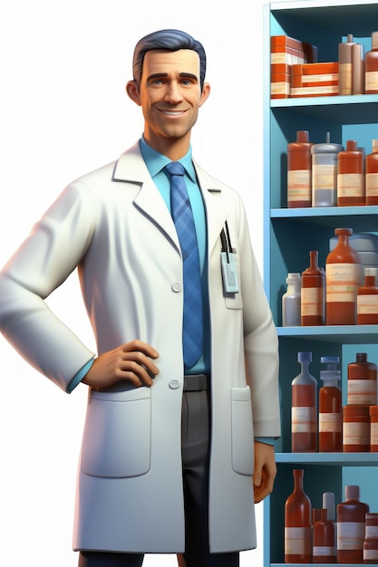 Pharmacist in a white coat standing in a pharmacy