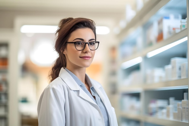 Pharmacist woman in gown in a pharmacy