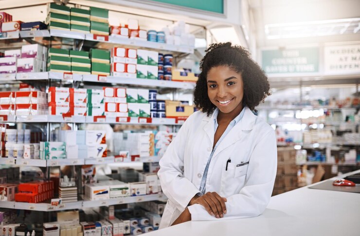 Photo pharmacist woman and portrait for healthcare medicine and vaccine prescription in health store employee happy and face in pharmacy for medical service wellness and pharmaceutical drugs in brazil