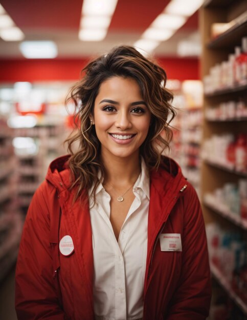 Pharmacist Woman in Red and White Coat