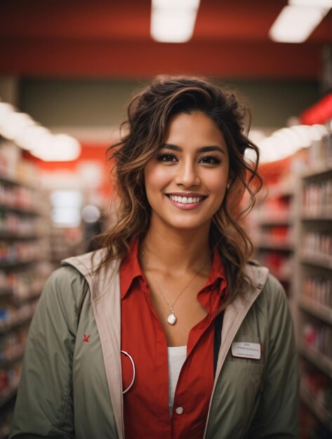 Foto farmacista donna in camice rosso e bianco