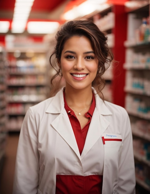 Pharmacist Woman in Red and White Coat