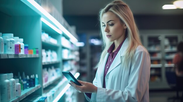 Foto farmacista che lavora su un tablet