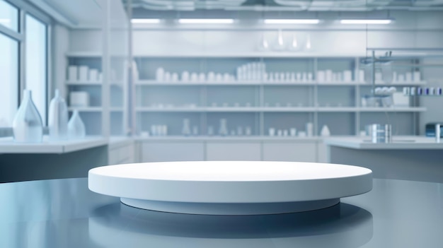 Фармакологический медицинский стенд макет пустого подиума на столе с баннером и копировальным пространством, демонстрирующим фармацевтические продукты, исследования и инновации в отрасли здравоохранения
