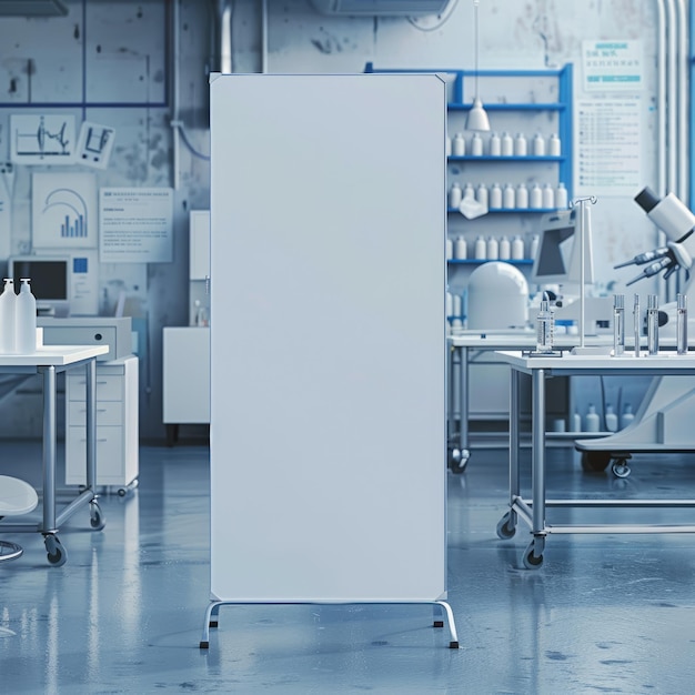 Фармакологический медицинский стенд макет пустого подиума на столе с баннером и копировальным пространством, демонстрирующим фармацевтические продукты, исследования и инновации в отрасли здравоохранения