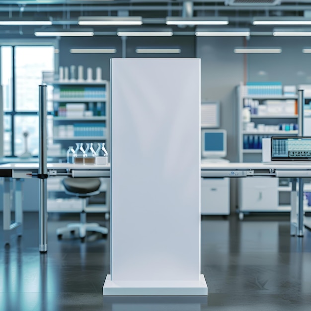 Pharmacology medicine stand mockup empty podium on table with banner and copy space showcasing pharmaceutical products research and innovation in the healthcare industry