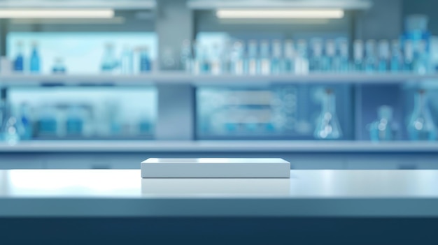 Pharmacology medicine stand mockup empty podium on table with banner and copy space showcasing pharmaceutical products research and innovation in the healthcare industry