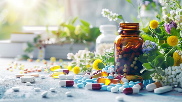 аптечные фоновые фотографии лекарственных таблеток и нескольких травяных растений
