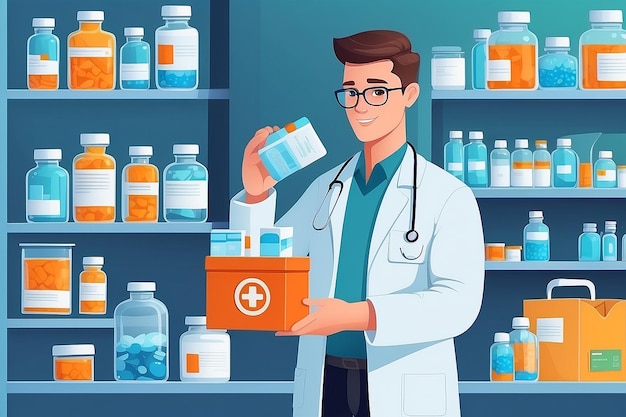 Pharmacy concept Pharmacist holding a bag with pharmacy drug in bottle and box for disease treatment Healthcare and medical treatment concept Isolated vector illustration