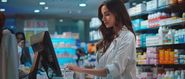 In a pharmacy drugstore a beautiful young woman buys medicine drugs and vitamins She stands near the checkout counter while a female cashier in a white coat serves her Shelves with health care