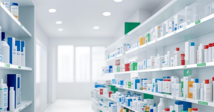Photo 薬局の薬品と医療製品を棚に置いた抽象的な背景をぼんやりする 薬局で様々な薬品が備わっている棚のクロップショット