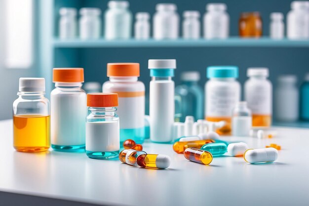 Pharmacy Drugstore blurred background medical pills and bottles on the table Health concept