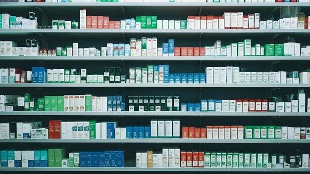 Photo pharmacy drugstore shelves interior blurred abstract background