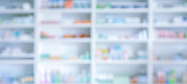 Photo pharmacy drugstore shelves interior blurred abstract background