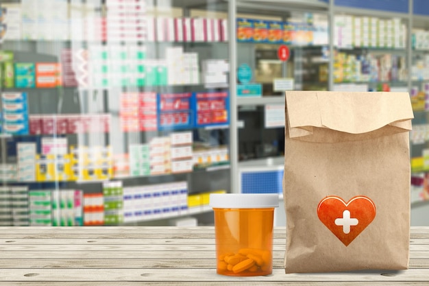 Pharmacy drugstore store bag counter background medication