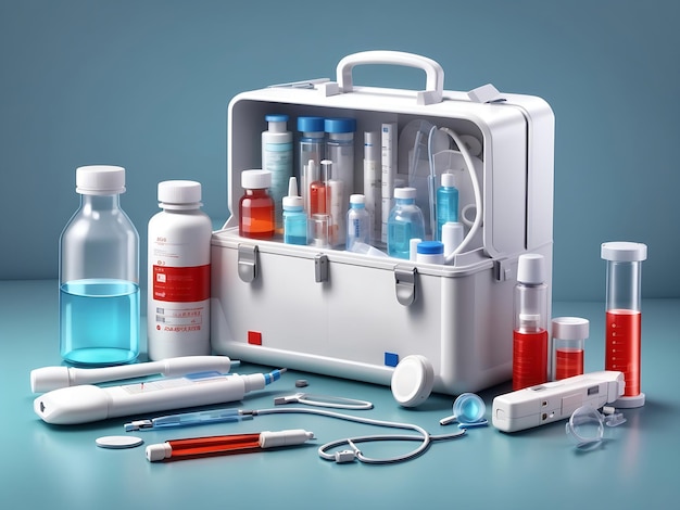 Pharmacy medical kit with realistic 3d medical equipment Collection for first aid Temperature