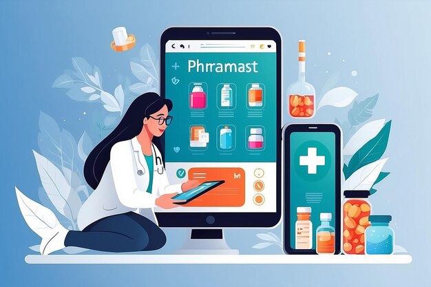 Pharmacy online service or platform Pharmacist preparing and selling drugs for disease treatment Healthcare and medical treatment