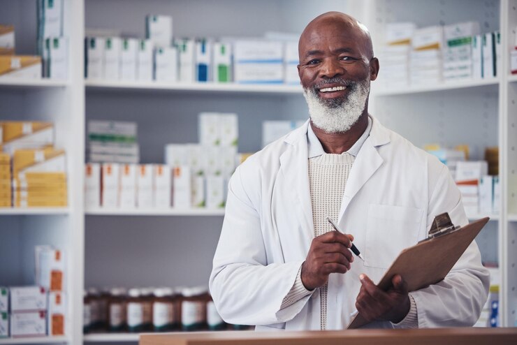 Photo pharmacy portrait clipboard and mature black man writing notes of hospital product healthcare drugs or clinic stock list pills or happy african pharmacist smile for store pharmaceutical inventory