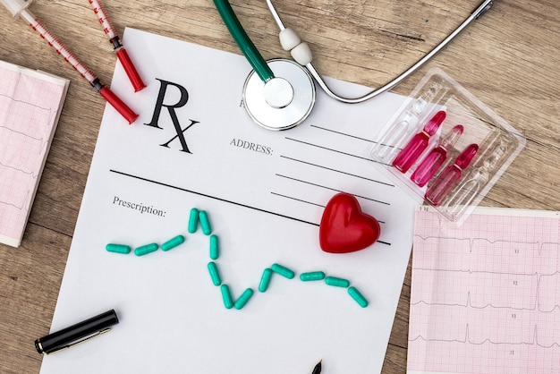 Pharmacy receipt with stethoscope, cardiogram and medication on desk