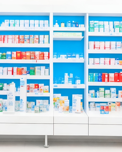 Аптечная полка с лекарствами Векторные полки интерьера аптеки с таблетками, созданными AI