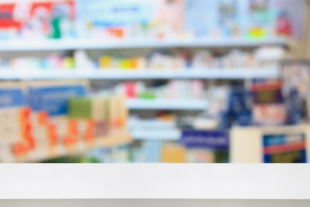 Pharmacy shelves fill with medicines with drugstore counter