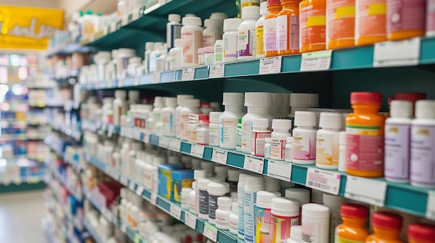 Pharmacy shelves neatly arranged with various medications