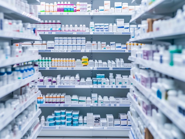 Pharmacy Shelves Stocked with Medicine