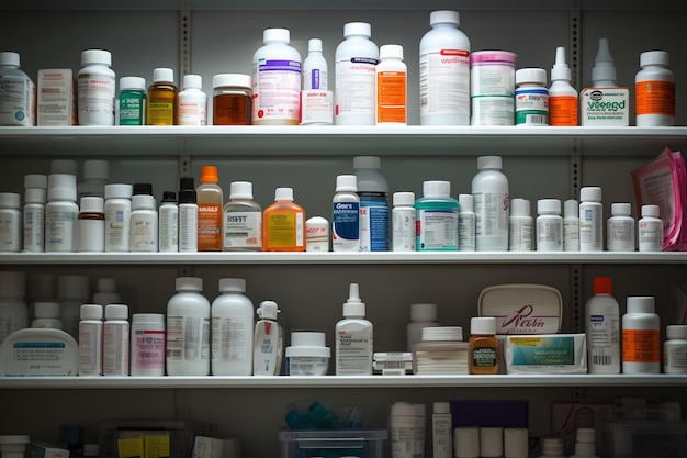 Photo pharmacy in a store with drugs on shelf