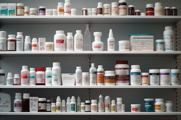 Photo pharmacy in a store with drugs on shelf