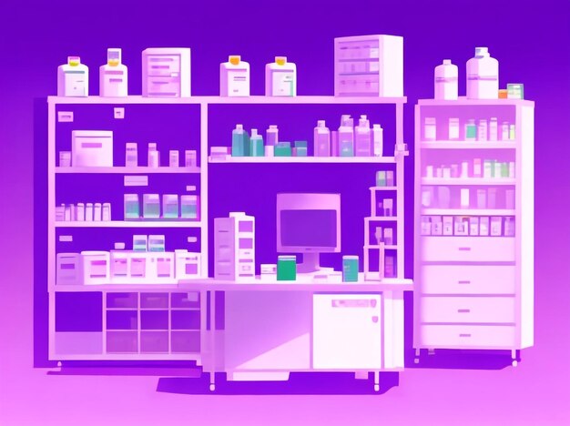 Pharmacy wonderland cartoon drugstore shelves and medical equipment