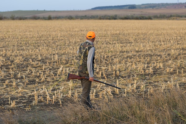 Охотник на фазанов с дробовиком идет по лугу