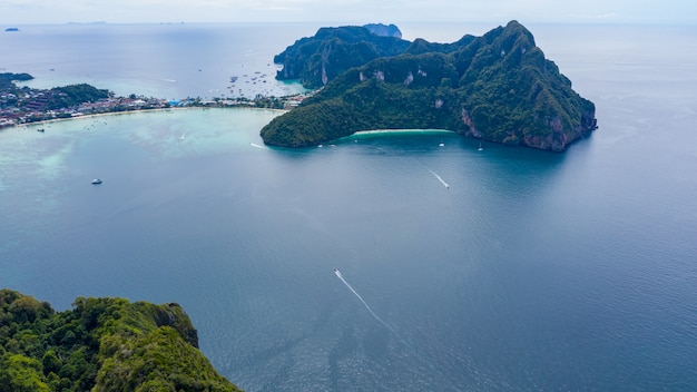 Phi phi island and  tourist boat aerial view