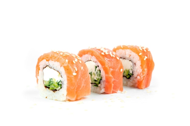 Philadelphia maki rolls on white background