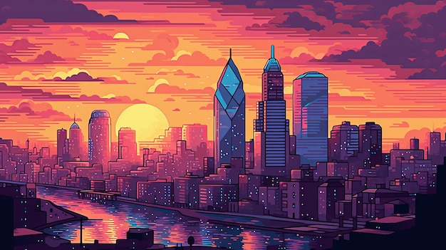 Philadelphia Sunset In 1980s Pixel Art